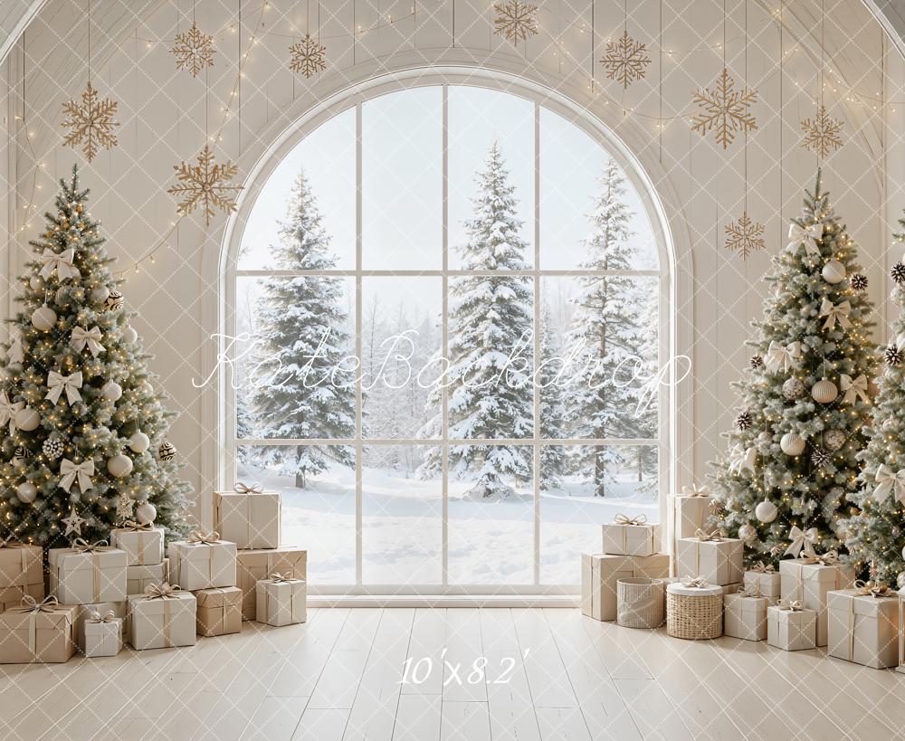 Kate Christmas Trees Snowy Arched Window Snowflakes Presents Printed Backdrop Designed by Emetselch