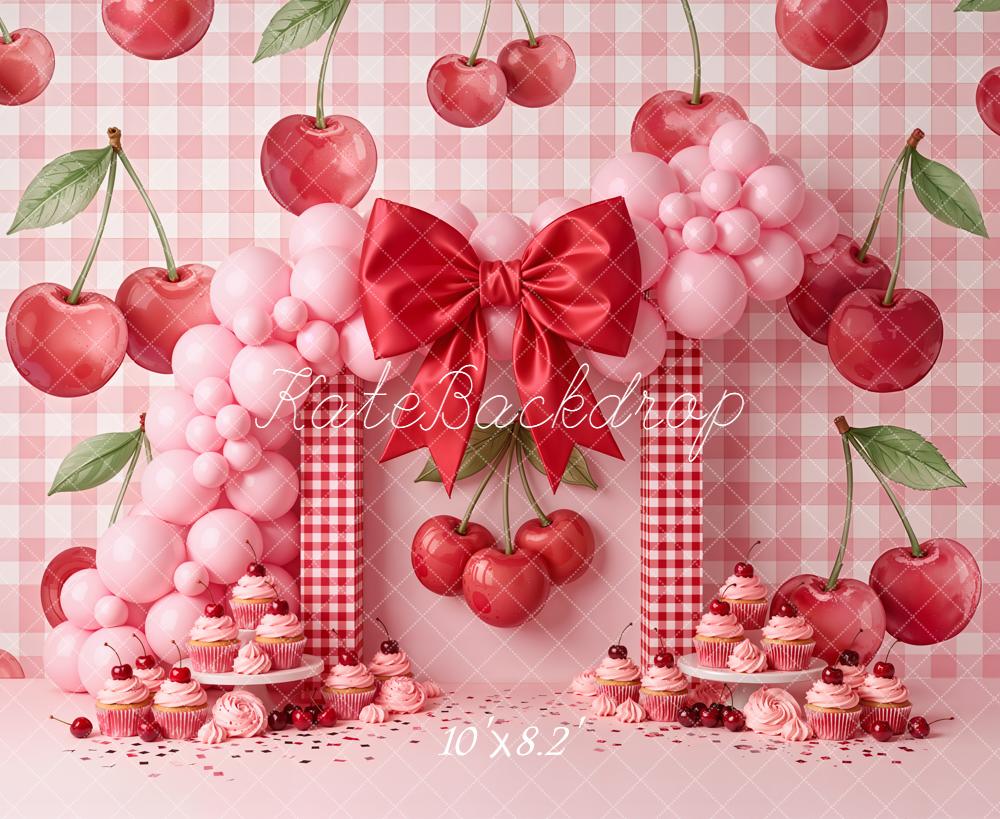 Kate Cake Smash Cherry Pink Gingham Balloon Arch Bow Cupcakes Backdrop Designed by Emetselch