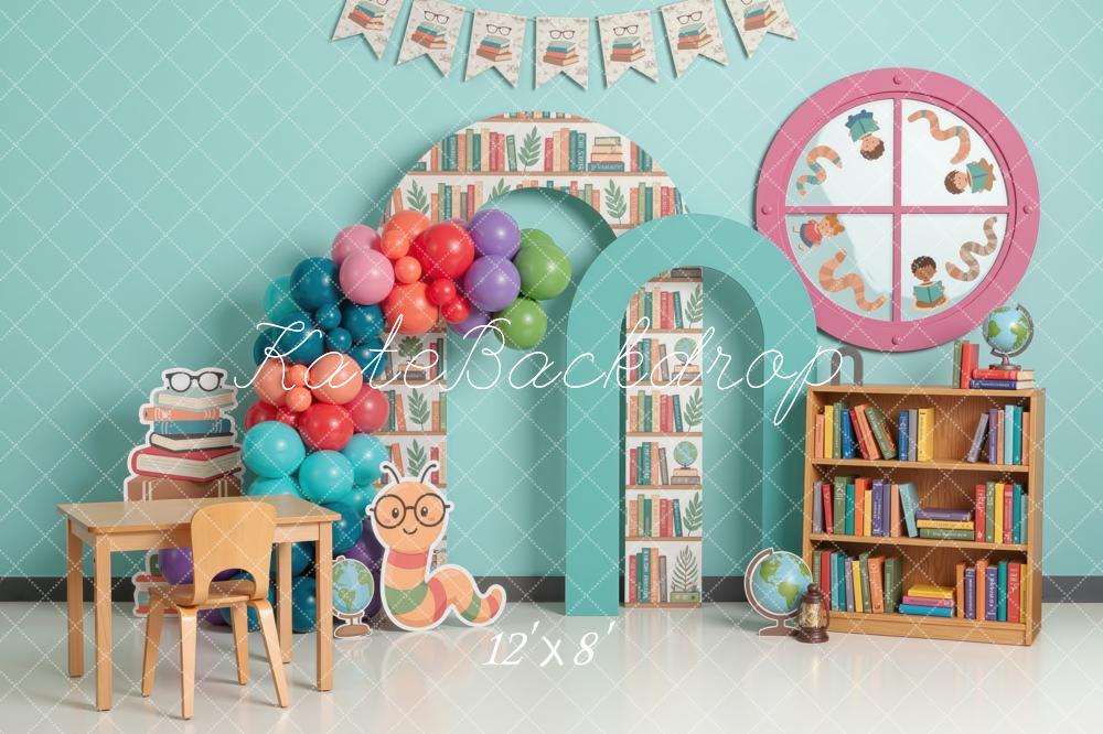 Kate Back to School Bookshelf Arch Balloons Worm Printed Backdrop Designed by Mini MakeBelieve