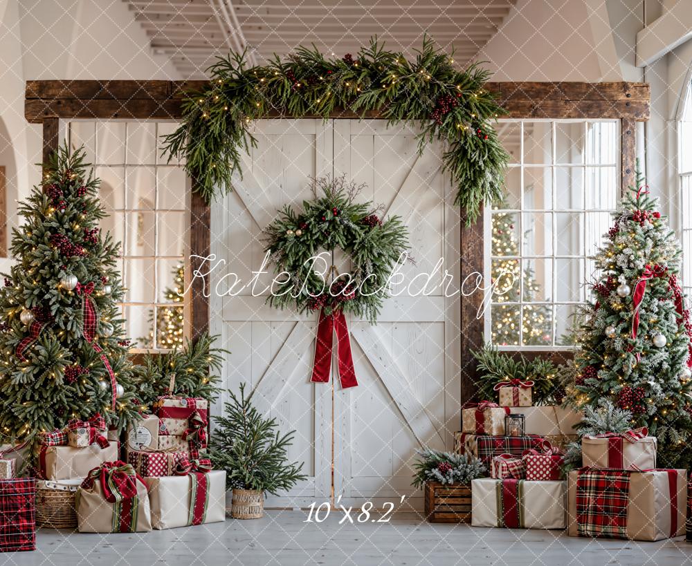 Kate Christmas Trees White Barn Door Garland Gifts Backdrop Designed by Emetselch
