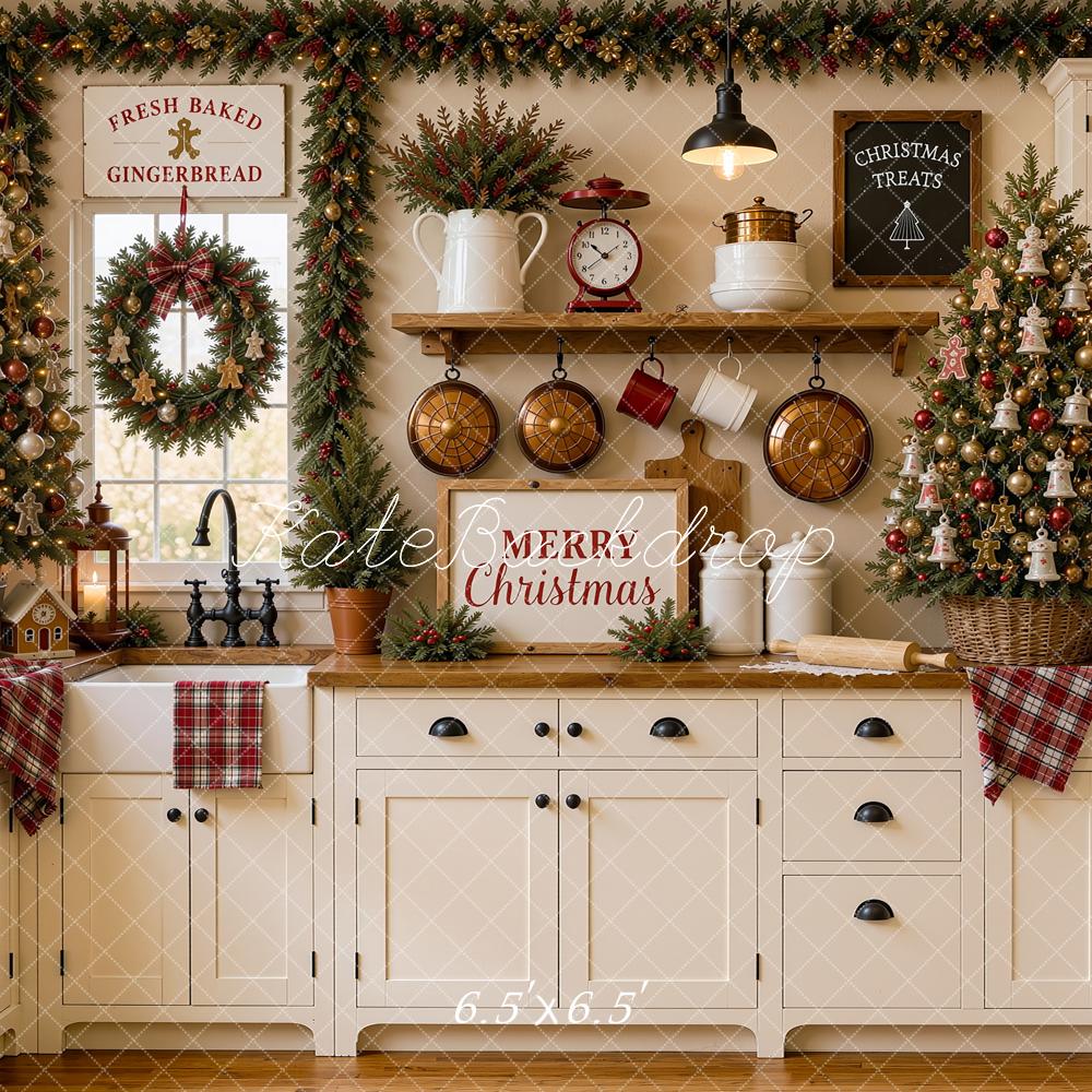 Kate Christmas Tree White Kitchen Cabinet Pan Baking Plaid Printed Backdrop Designed by Shutter Swan Studios