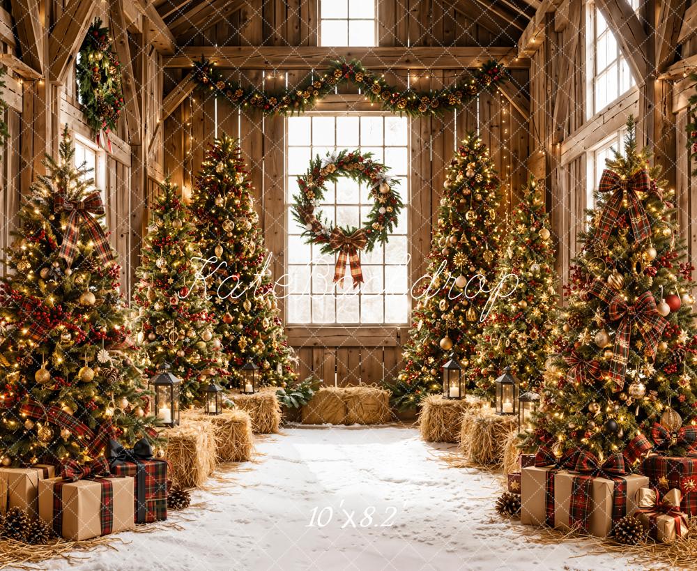 Kate Christmas Rustic Barn Trees Wreath Printed Backdrop Designed by Emetselch