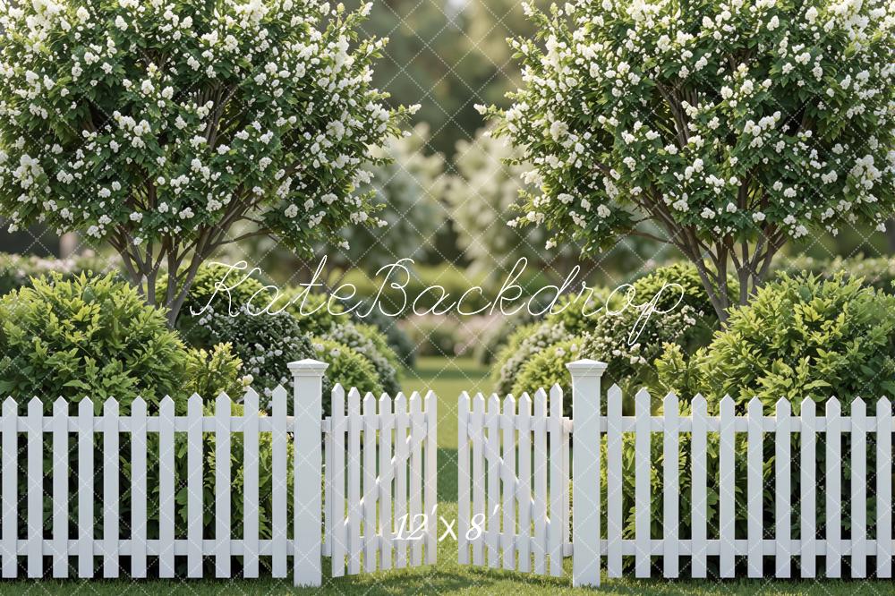 Kate Spring White Picket Fence Flowering Trees Garden Printed Backdrop Designed by Mini MakeBelieve