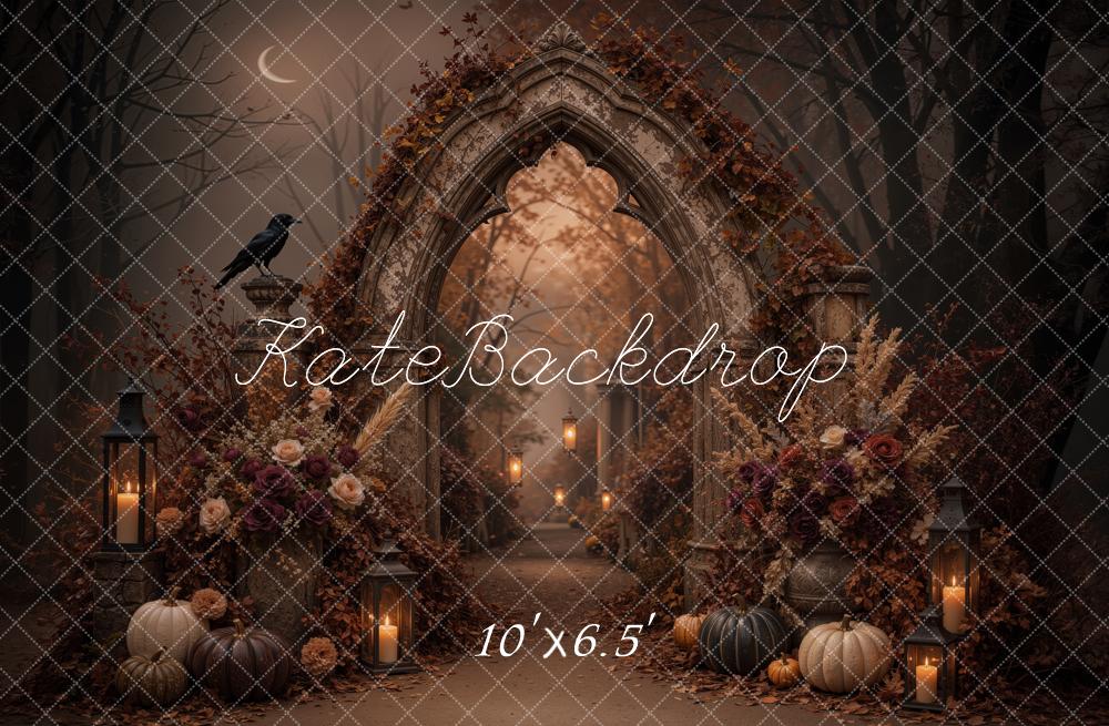 Kate Halloween Gothic Arch Pumpkins Flowers Candles Printed Backdrop Designed by Jordan Moon