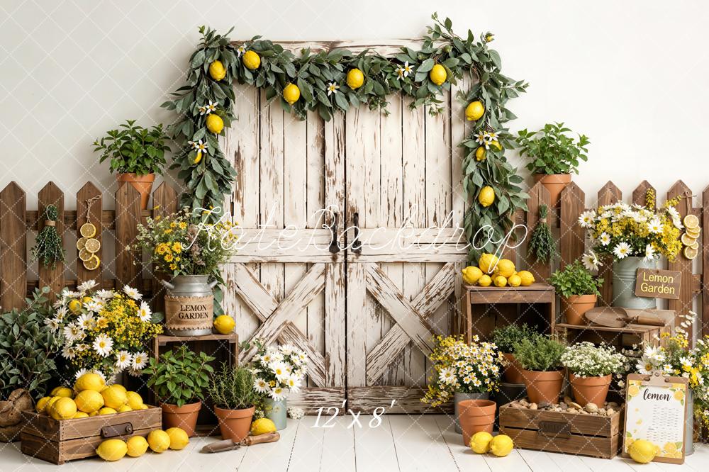Kate Summer Lemon Garden Flowers Rustic Fence Barn Door Printed Backdrop Designed by Emetselch