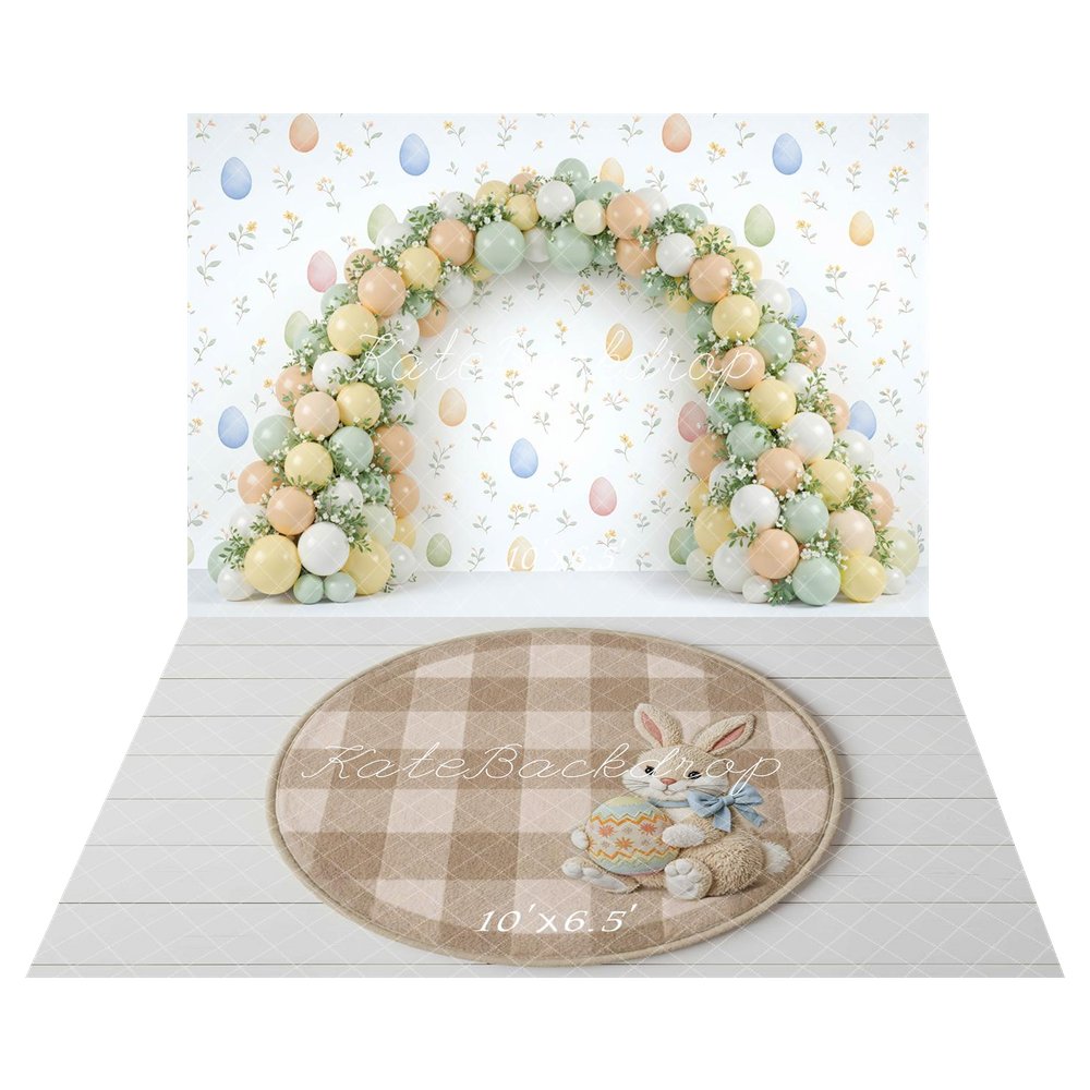 Kate Easter Balloon Arch Pastel Eggs Floral Backdrop+Easter Bunny Plaid Egg Beige Floor Backdrop