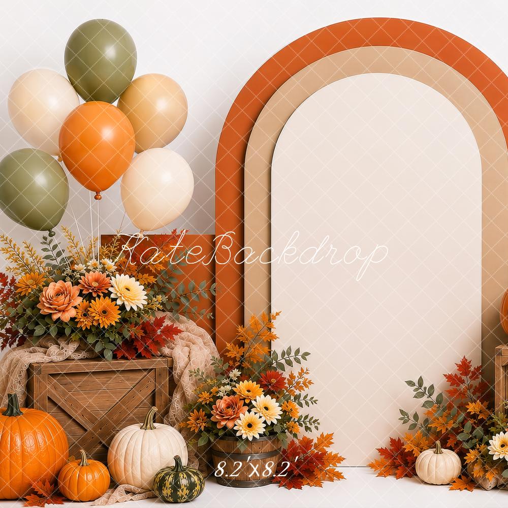 Kate Fall Cake Smash Pumpkins Floral Arch Balloons Printed Backdrop Designed by Shutter Swan Studios