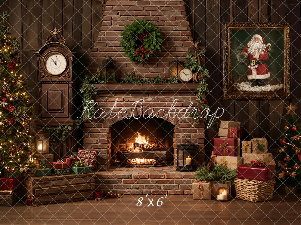 Kate Christmas Fireplace Tree Gifts Brick Wall Santa Printed Backdrop Designed by Emetselch