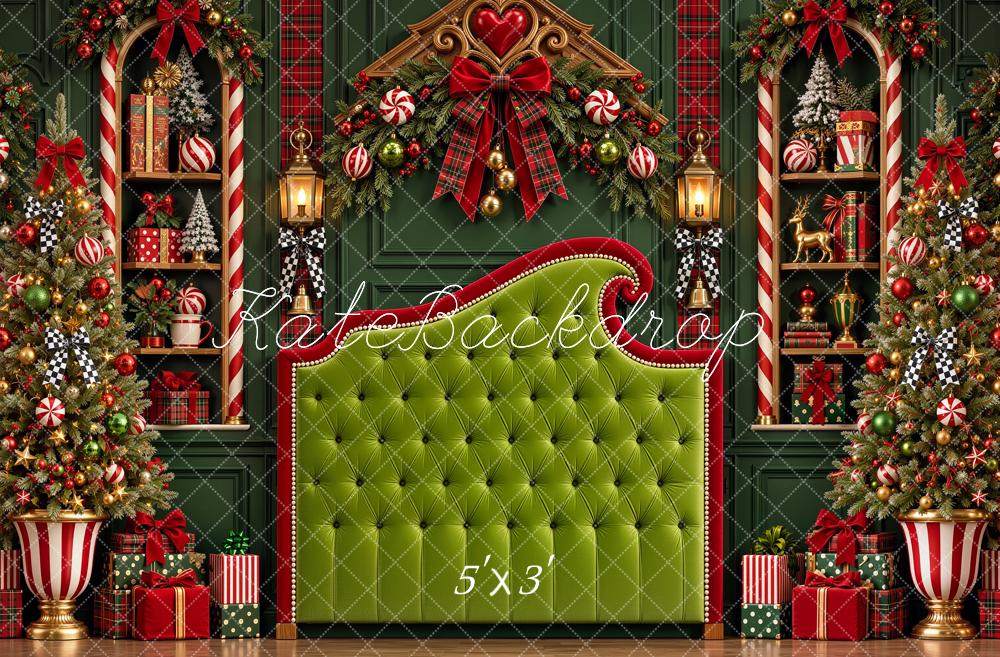 Kate Christmas Green Headboard Trees Candy Cane Plaid Printed Backdrop Designed by Shutter Swan Studios