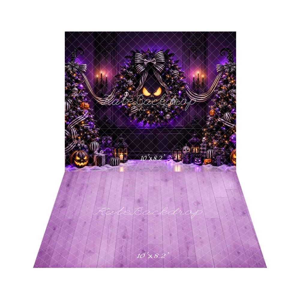Kate Halloween Purple Christmas Trees Jack O Lantern Wreath Printed Backdrop+Purple Wood Floor Printed Backdrop