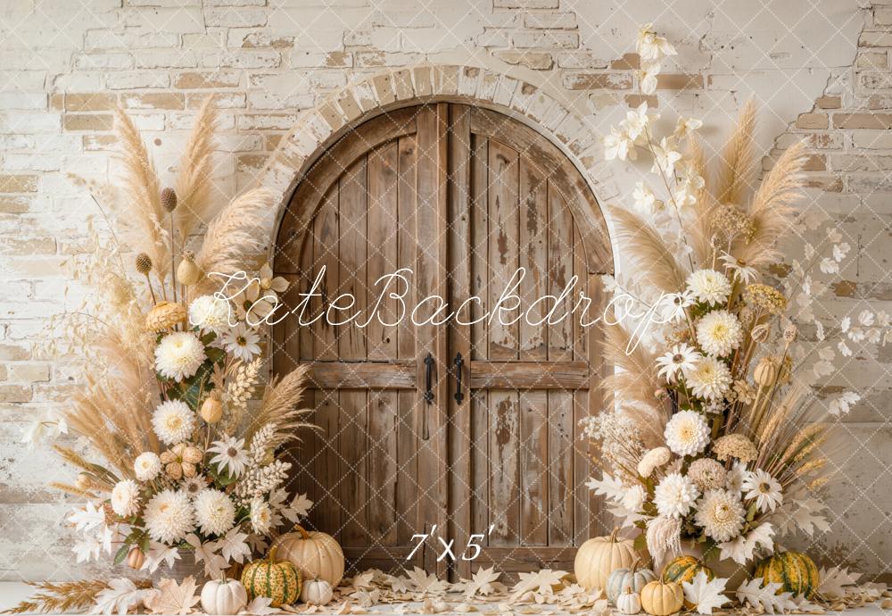 Kate Fall Arched Wooden Door Pumpkin Flower Pampas Grass Printed Backdrop Designed by Emetselch