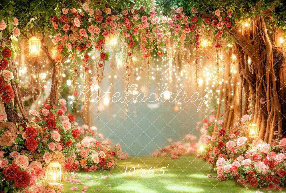 Kate Valentines Romantic Flower Arch Trees Fairy Lights Printed Backdrop Designed by Emetselch