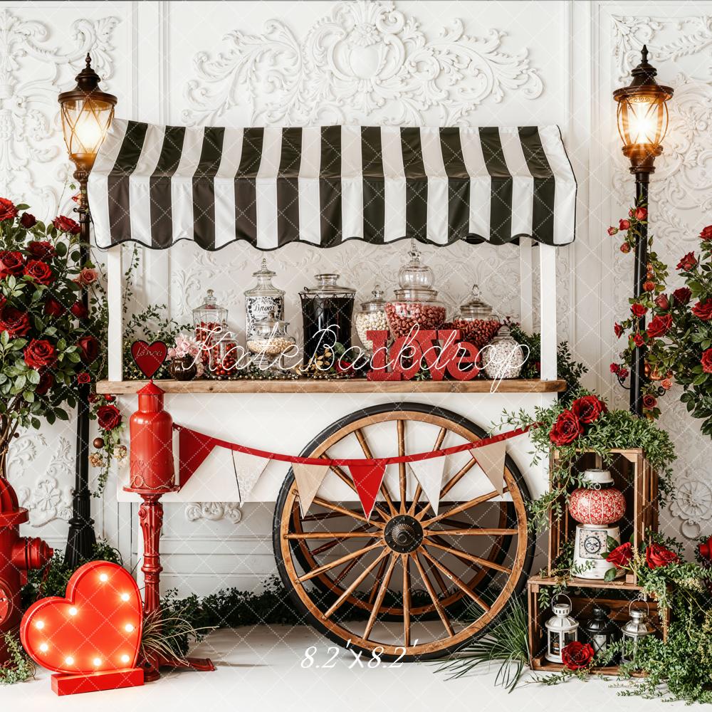 Kate Valentine's Day Candy Cart Red Roses Fire Hydrants Printed Backdrop Designed by Emetselch