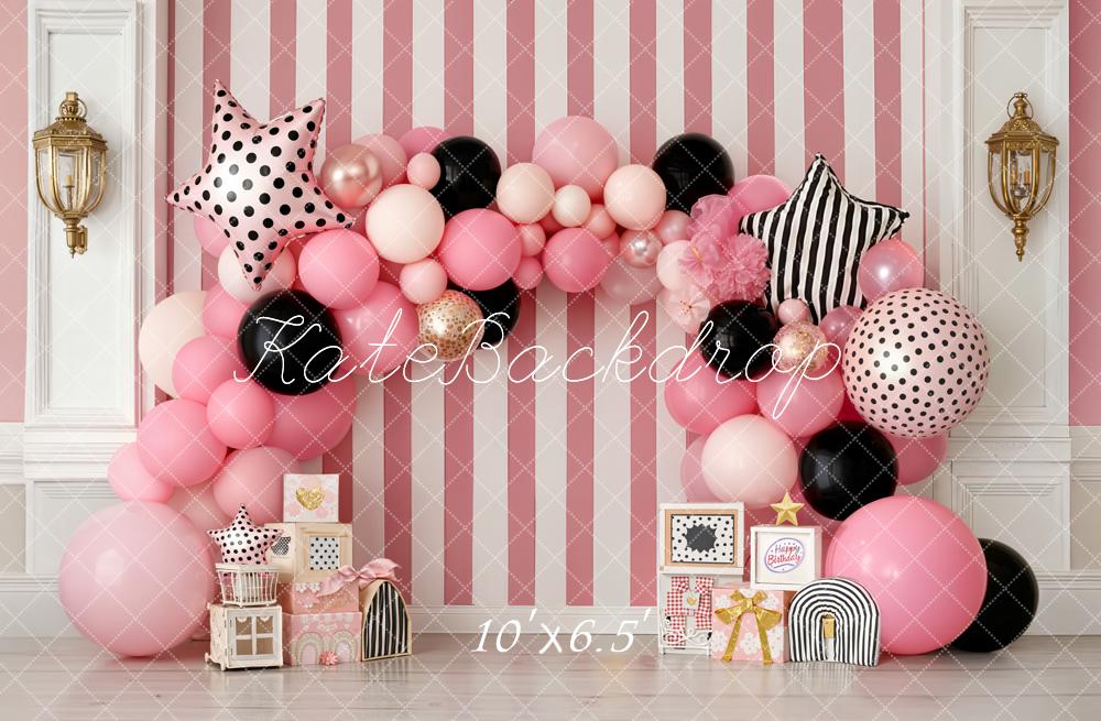 TEST Kate Cake Smash Pink Balloon Arch Striped Wall Backdrop Designed by Emetselch