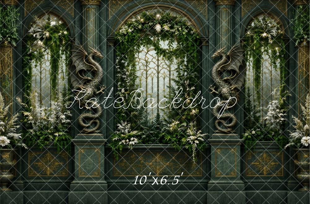 Kate Fantasy Dragon Gothic Arch Window Garden Printed Backdrop Designed by Vertigo Productions