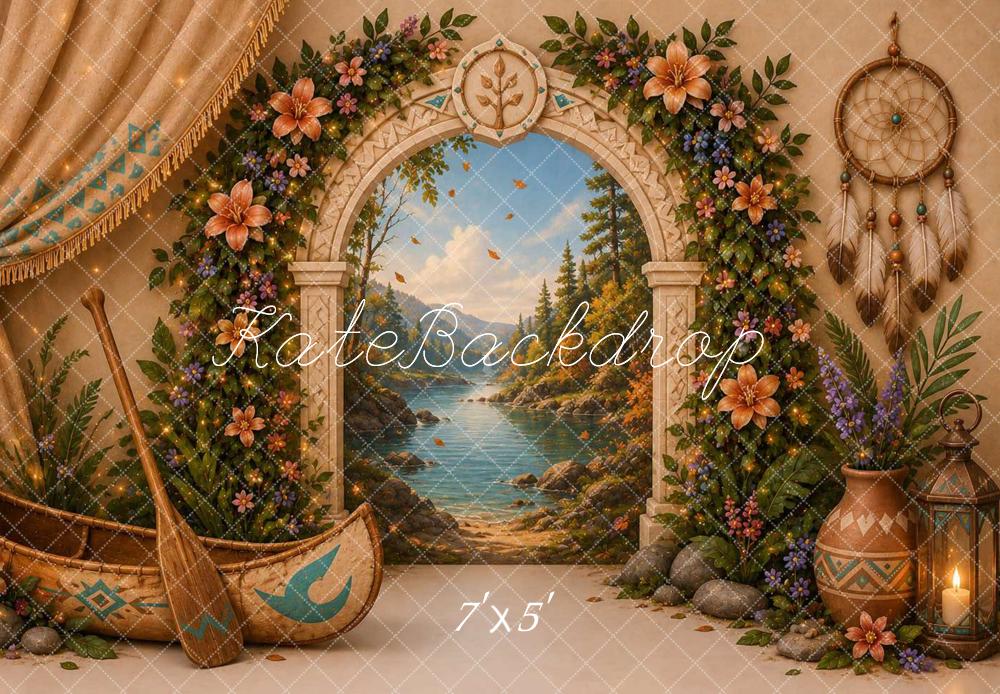 Kate Tropical Canoe Floral Archway Mountain Lake Dreamcatcher Printed Backdrop Designed by Caitlin Lynch