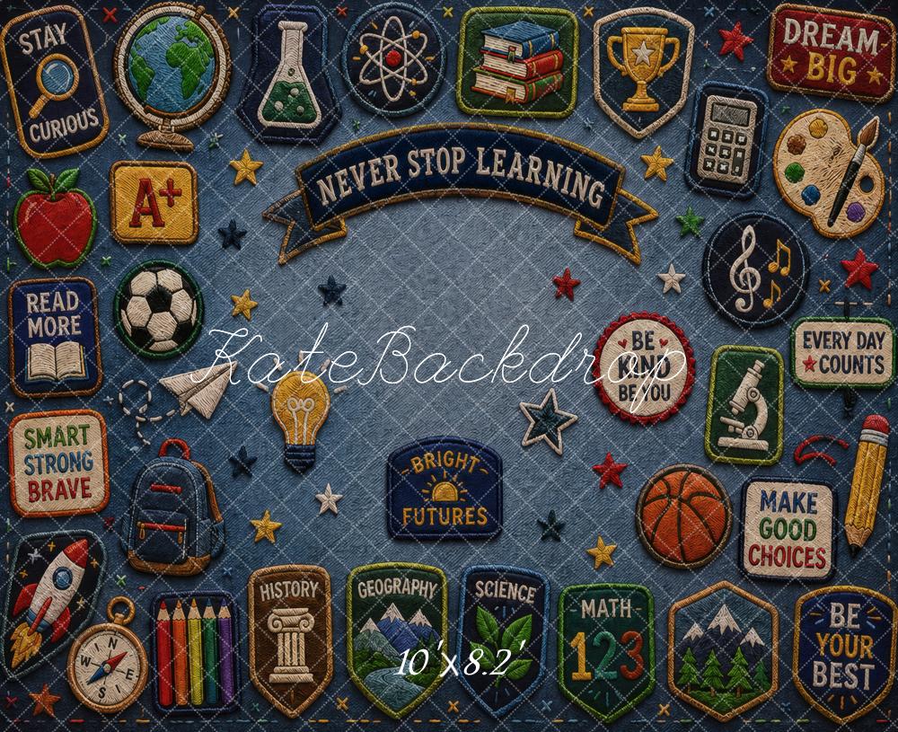 Kate Back to School Denim Badges and Motivational Icons Printed Backdrop Designed by Vertigo Productions