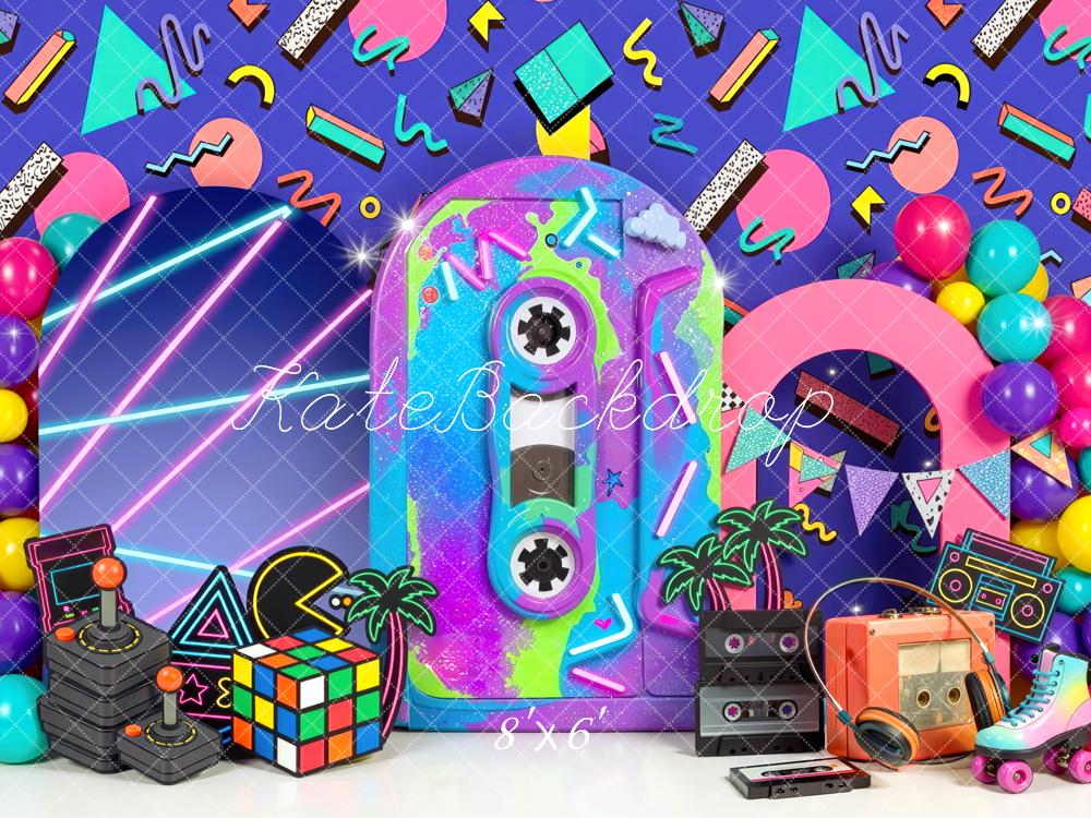 Kate Birthday Retro 80s Neon Arcade Boombox Printed Backdrop Designed by Mini MakeBelieve