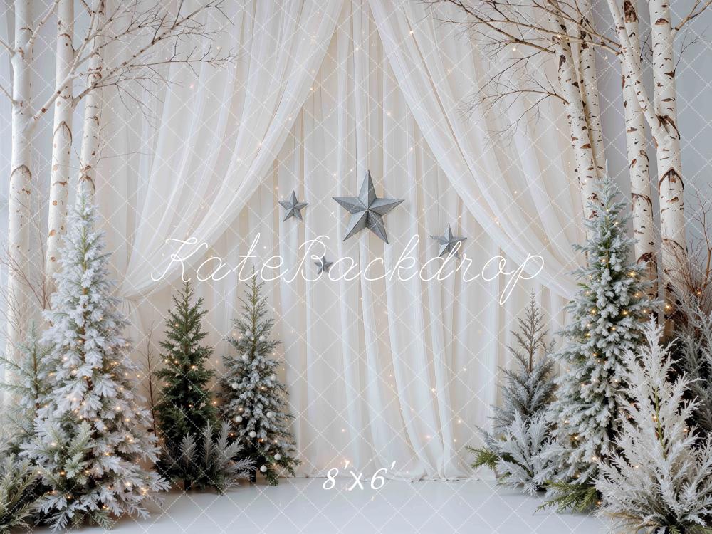 Kate Christmas Simple Curtains Winter White Birch Trees Printed Backdrop Designed by Mini MakeBelieve