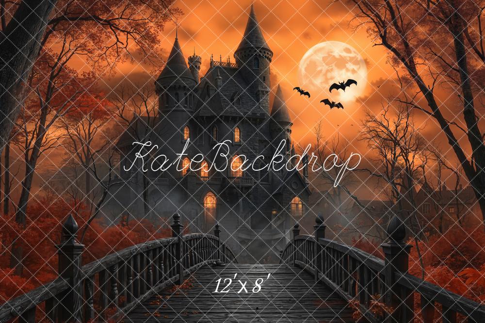 Kate Halloween Haunted Castle Bridge Full Moon Bats Orange Backdrop Designed by Emetselch