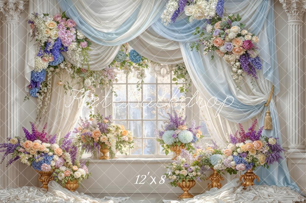 Kate Summer Flower Arch Blue Drapes Window Columns Printed Backdrop Designed by Emetselch