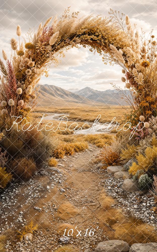 Kate Boho Outdoor Flower Arch Rustic Pathway Mountains Printed Backdrop Designed by Emetselch