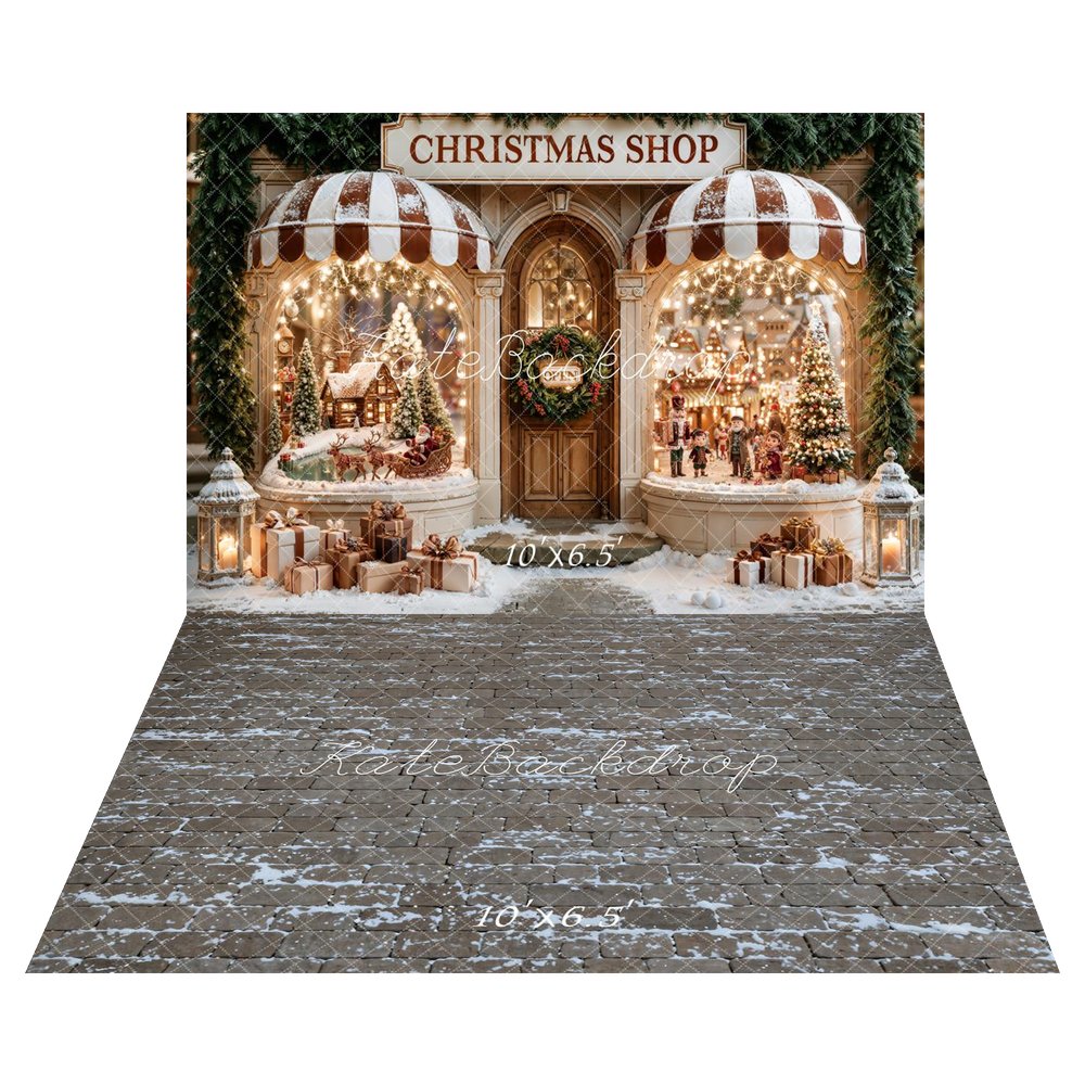 Kate Christmas Shop Window Santa Sleigh Snow Gifts Printed Backdrop+Cobblestone Snow Floor Printed Backdrop