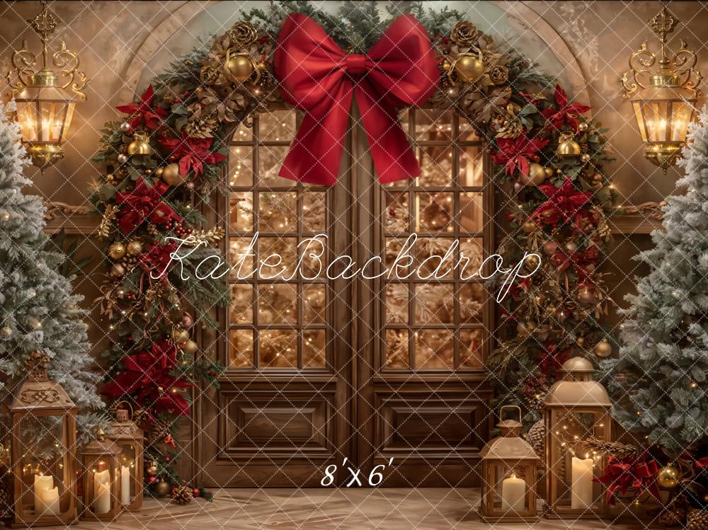 Kate Christmas Arch Door Red Bow Pine Trees Lanterns Backdrop Designed by Emetselch