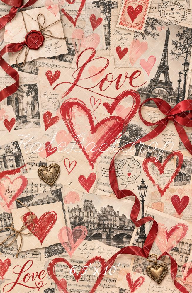 Kate Valentine's Day Newspaper Eiffel Tower Love Hearts Collage Printed Backdrop Designed by Chain Photography