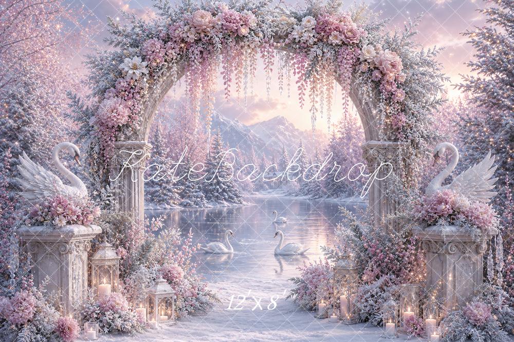 Kate Winter Wonderland Lavender Flower Arch Swan Lake Printed Backdrop Designed by Ashley Paul
