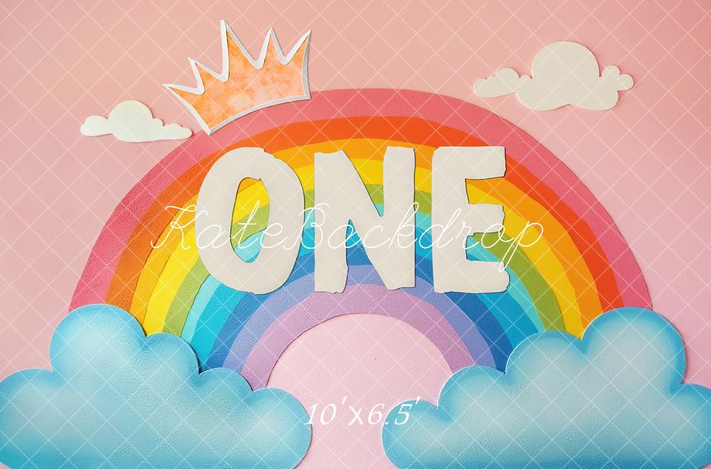 Kate 1st Birthday Rainbow One Crown Clouds Pink Printed Backdrop Designed by Laura Bybee