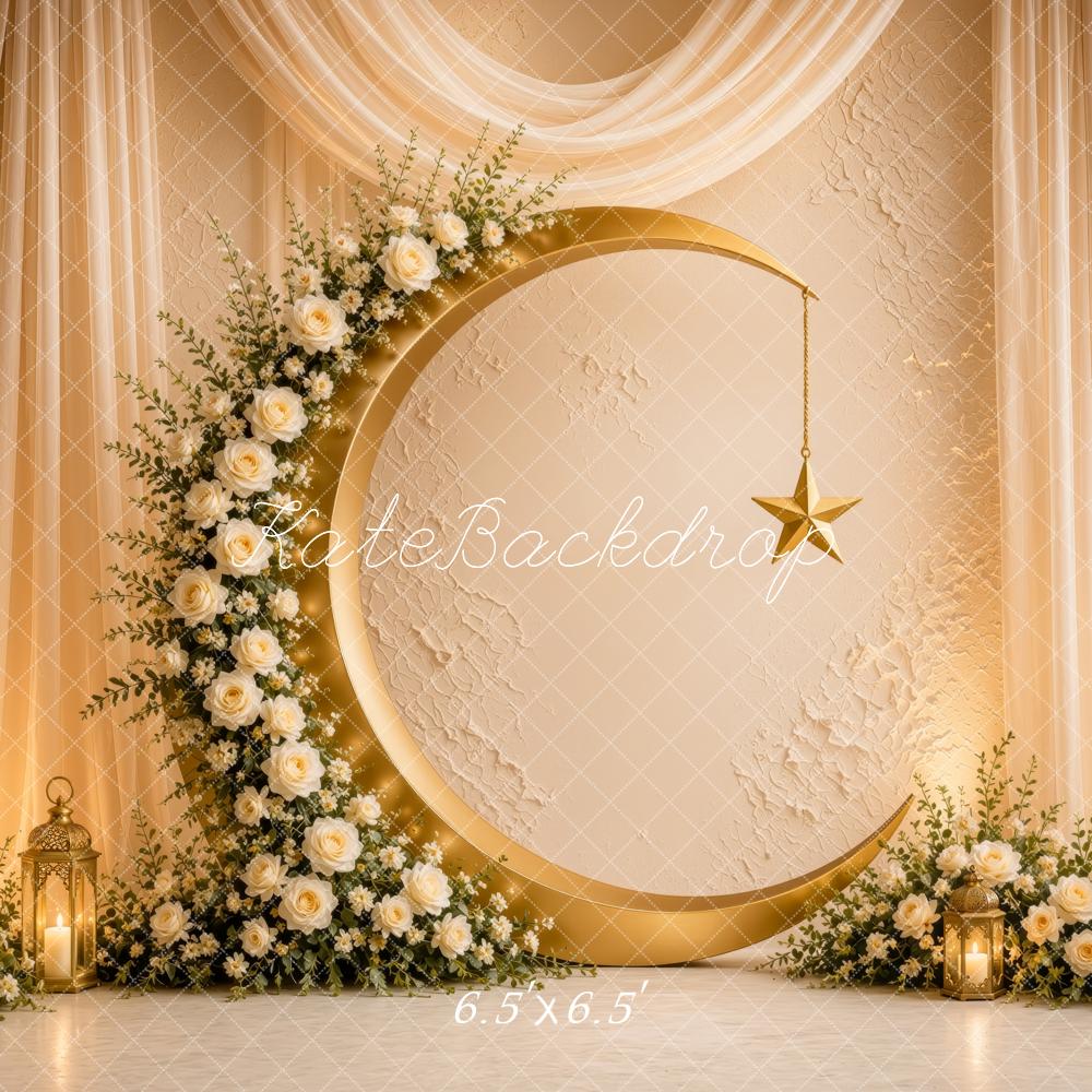 Kate Ramadan Muslim Gold Crescent Floral Arch Drapes Lanterns Printed Backdrop Designed by Ashley Ward