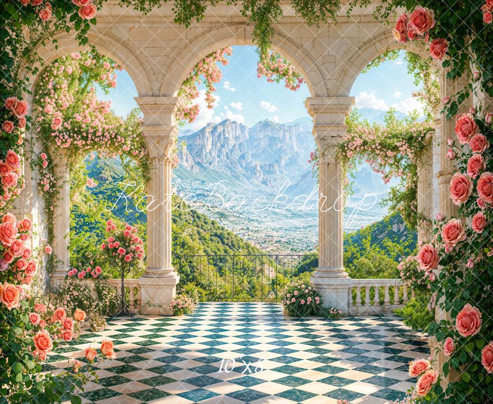 Architettura floreale primaverile in terrazza con sfondo montano progettato da Emetselch