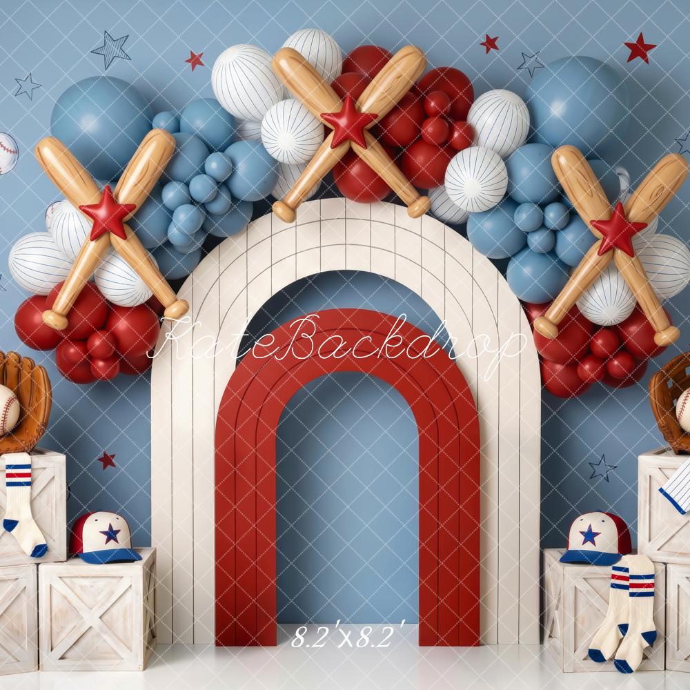 Kate Birthday Blue Baseball Arch Bats Balloons Printed Backdrop Designed by Patty Roberts
