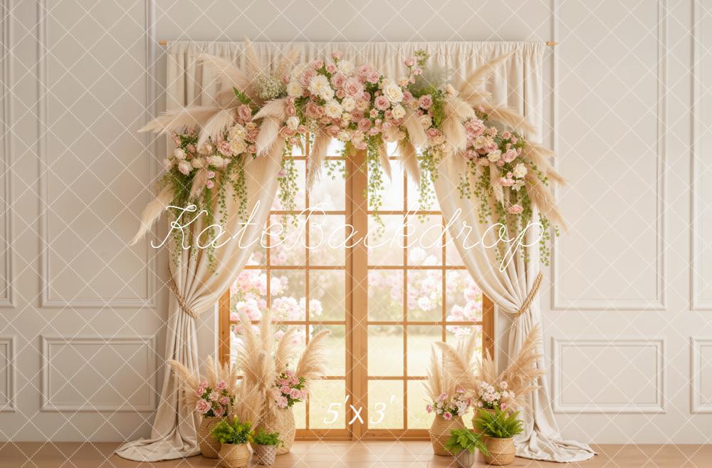 Kate Spring Flower Arch Window Curtains Pampas Grass Backdrop Designed by Emetselch