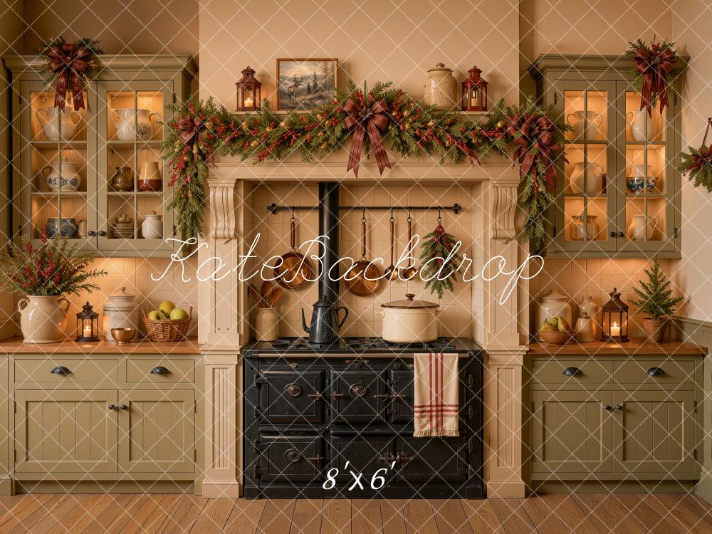 Kate Christmas Rustic Green Kitchen Stove Garland Printed Backdrop Designed by Ashley Ward