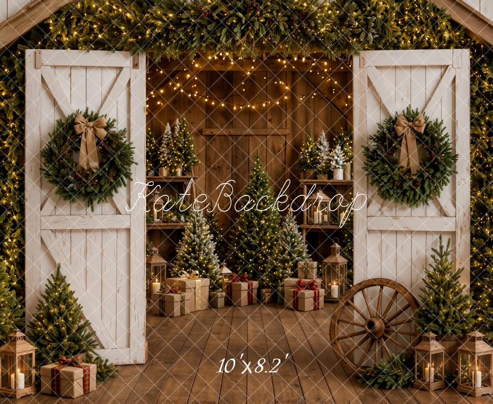 Kate Christmas White Barn Doors Wreaths Trees Rustic Lanterns Printed Backdrop Designed by Emetselch