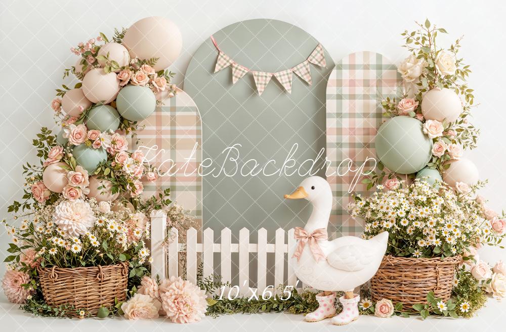 Kate Cake Smash Silly Goose Flower Arch Plaid Balloons Picket Fence Printed Backdrop Designed by Emetselch
