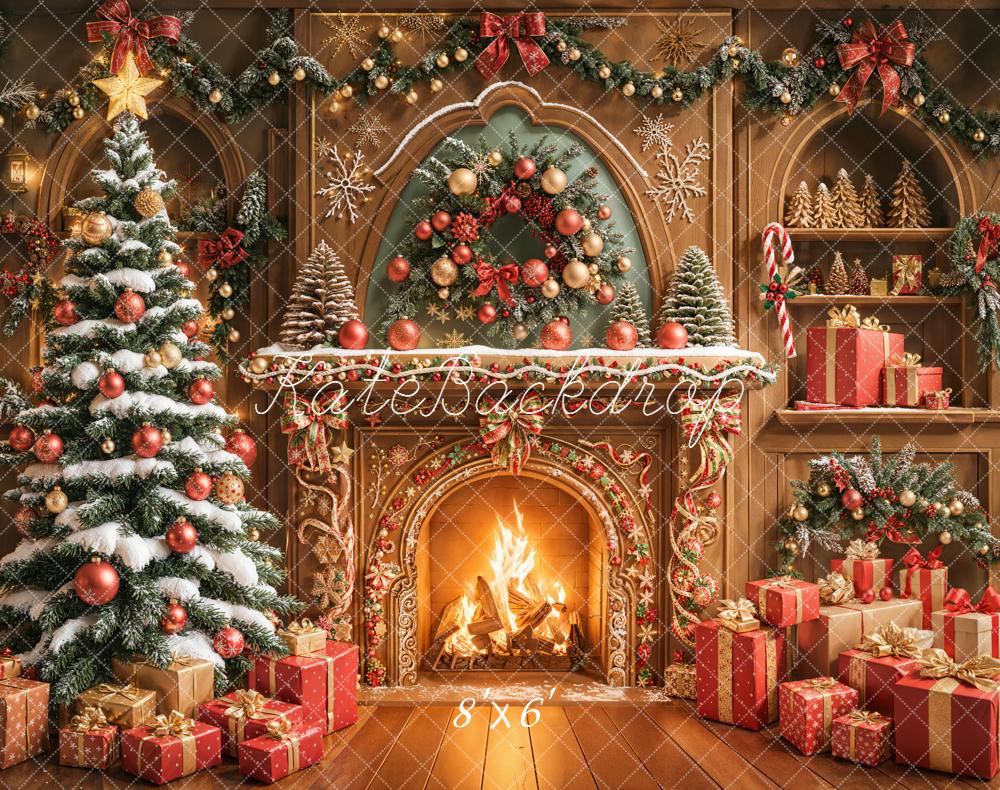Kate Christmas Fireplace Gingerbread Tree Garland Presents Backdrop Designed by Emetselch