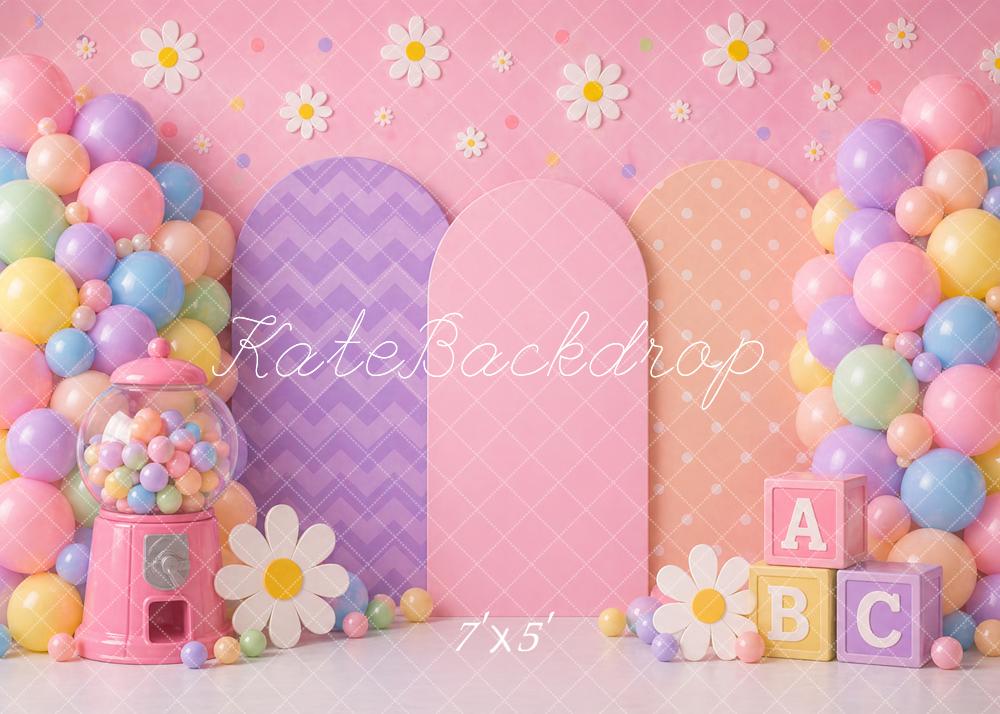 Kate Birthday Kids Balloons Bubblegum Machine Daisy Flowers ABC Blocks Printed Backdrop Designed by Caitlin Lynch