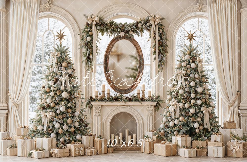 Kate Christmas Vintage Fireplace Window Christmas Tree Gifts Printed Backdrop Designed by Emetselch