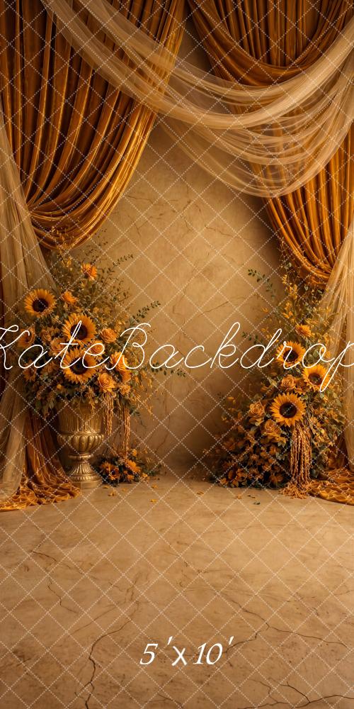 Kate Sweep Fall Elegant Brown Gold Drapes Sunflowers Printed Backdrop Designed by Ashley Ward