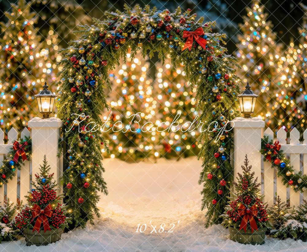 Kate Christmas Night Garland Arch Fence Glow Trees Printed Backdrop Designed by Mini MakeBelieve