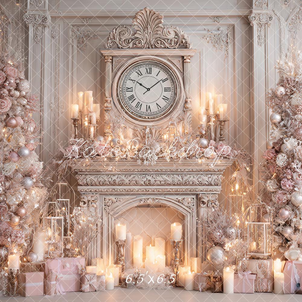Kate Christmas Fireplace Clock Candles Tree Pink Luxury Backdrop Designed by Ashley Paul