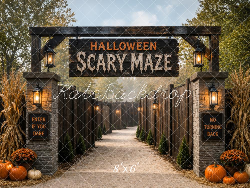 Kate Halloween Scary Maze Entrance Pumpkins Cornstalks Printed Backdrop Designed by Megan Leigh Photography