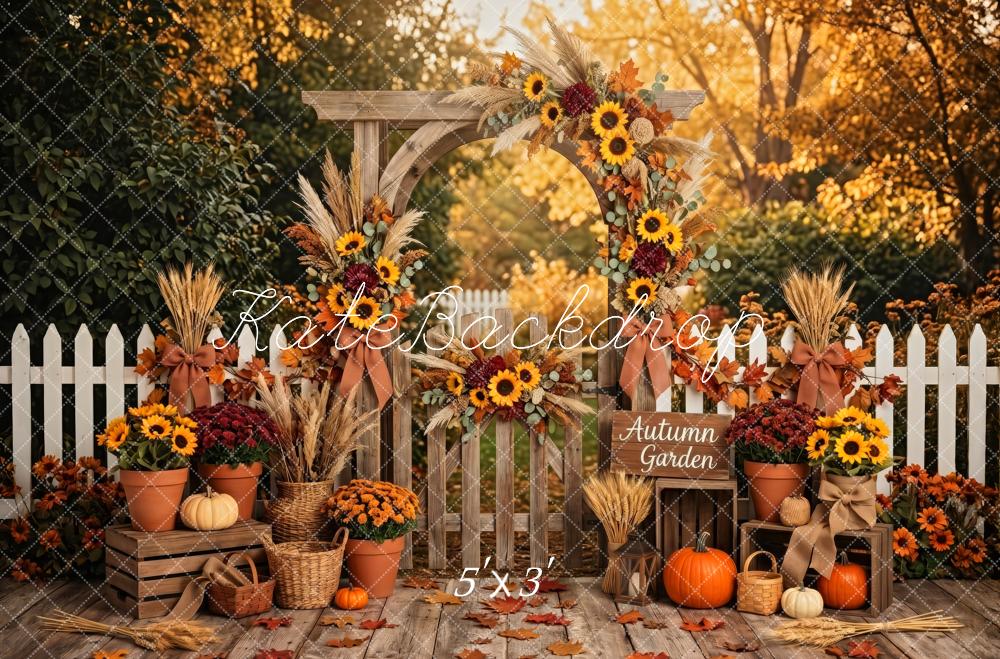 Kate Fall Rustic Flower Arch Sunflowers Pumpkins White Fence Printed Backdrop Designed by Patty Roberts