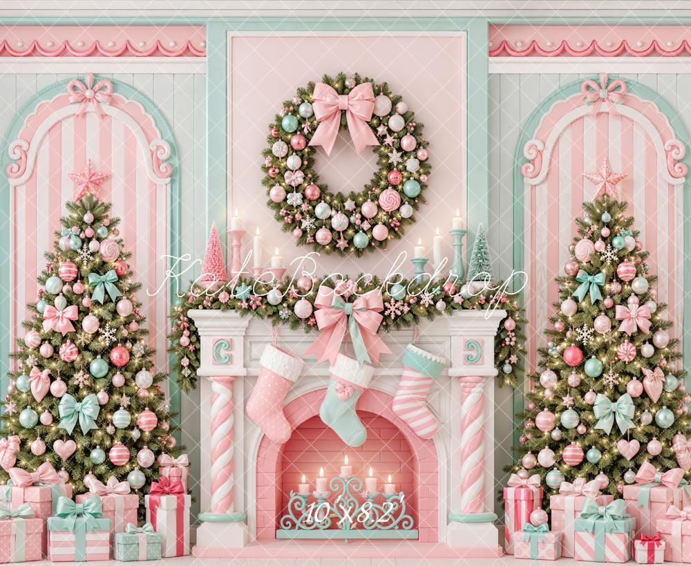 Kate Christmas Pastel Candy Cane Fireplace Wreath Trees Printed Backdrop Designed by Emetselch