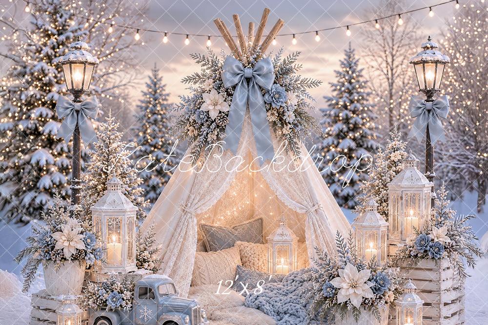 Kate Christmas Forest Lace Teepee Lamps Vintage Truck Bow Printed Backdrop Designed by Ashley Paul