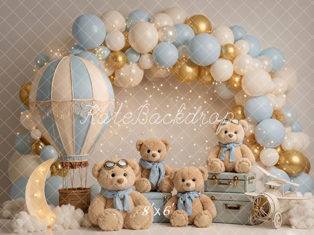 Kate Cake Smash Hot Air Balloon Teddy Bear Balloon Arch Blue Gold Backdrop Designed by Emetselch