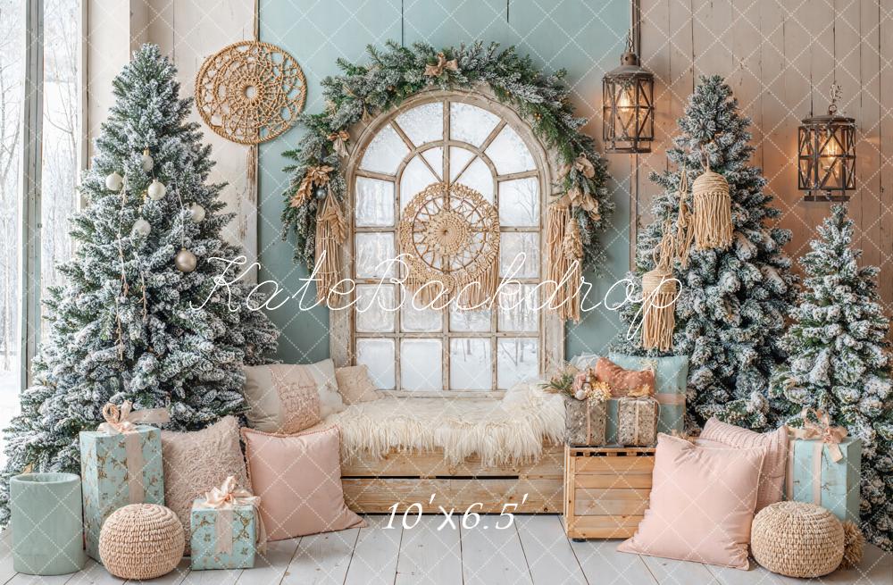 Kate Christmas Boho Arched Window Snowy Trees Pastel Backdrop Designed by Emetselch